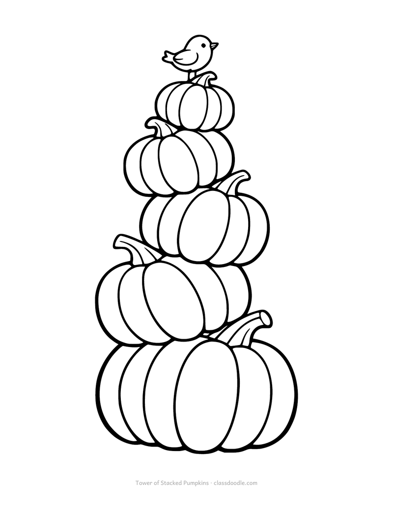 Pumpkin coloring page with five pumpkins stacked into a leaning tower
