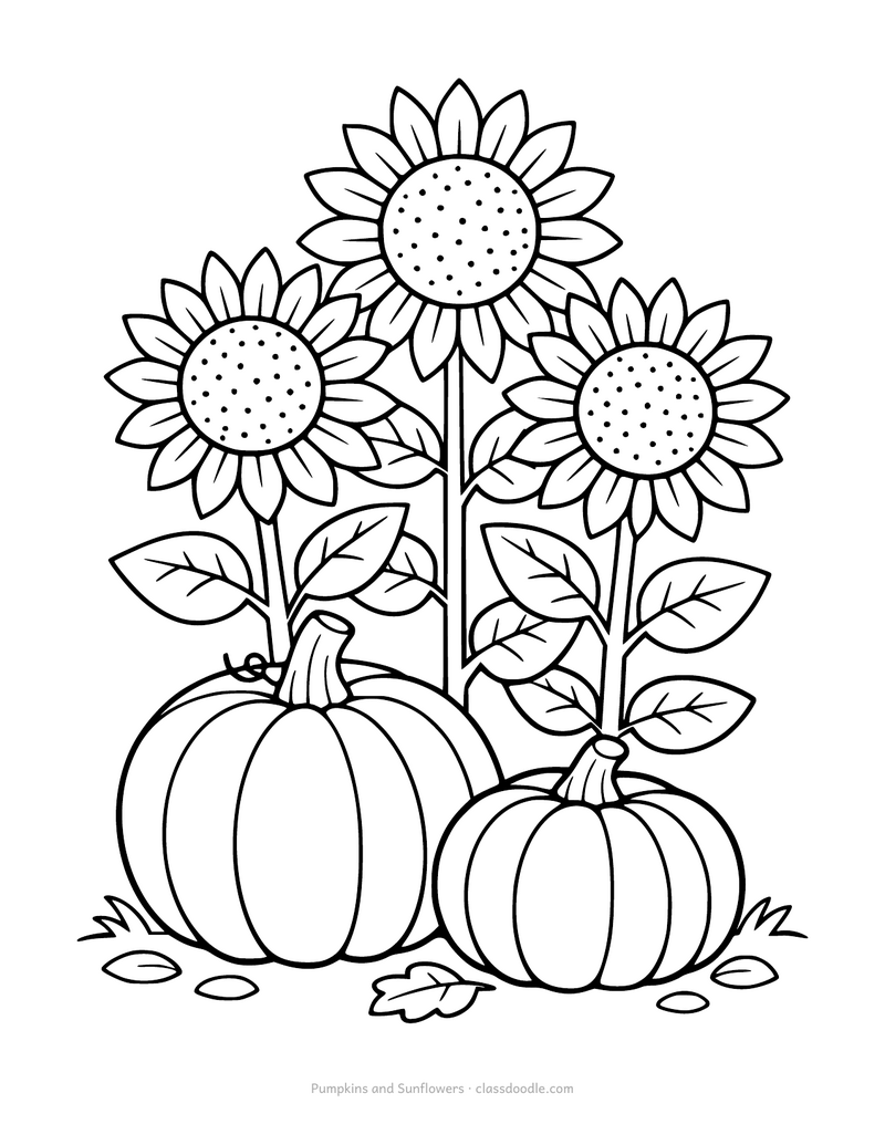Pumpkin coloring page with two pumpkins in front of three tall sunflowers