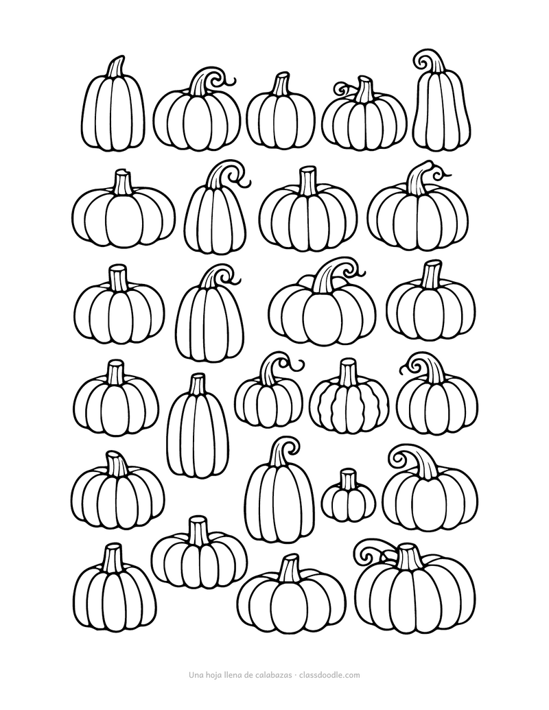 Hoja de calabazas para colorear con veinte calabazas pequeñas distintas
