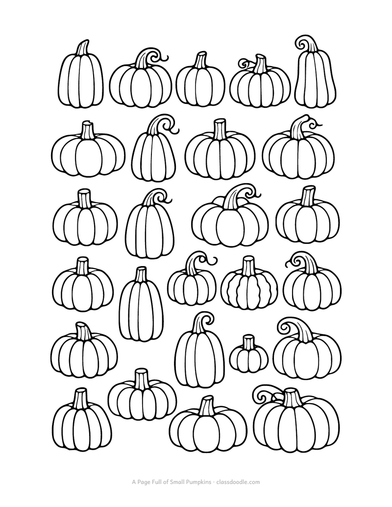 Pumpkin coloring sheet filled with twenty small pumpkins in different shapes