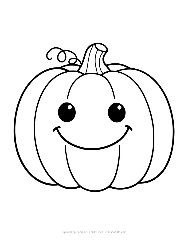 Pumpkin coloring page for preschoolers with a big smiling face and thick lines