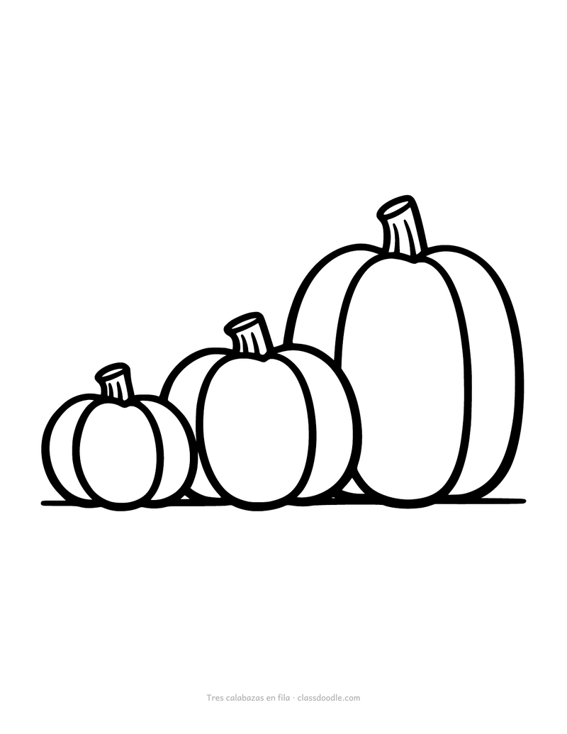 Hoja de calabazas para colorear con tres calabazas lisas en fila y contorno grueso