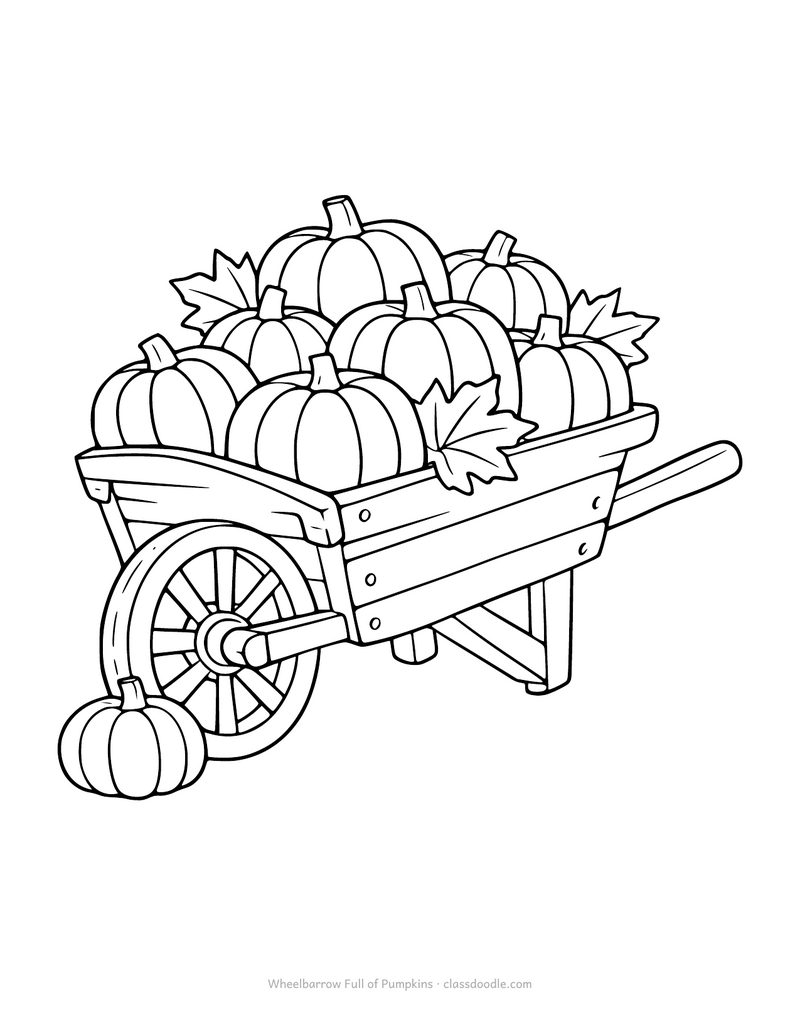 Pumpkin coloring page with a wooden wheelbarrow piled with pumpkins