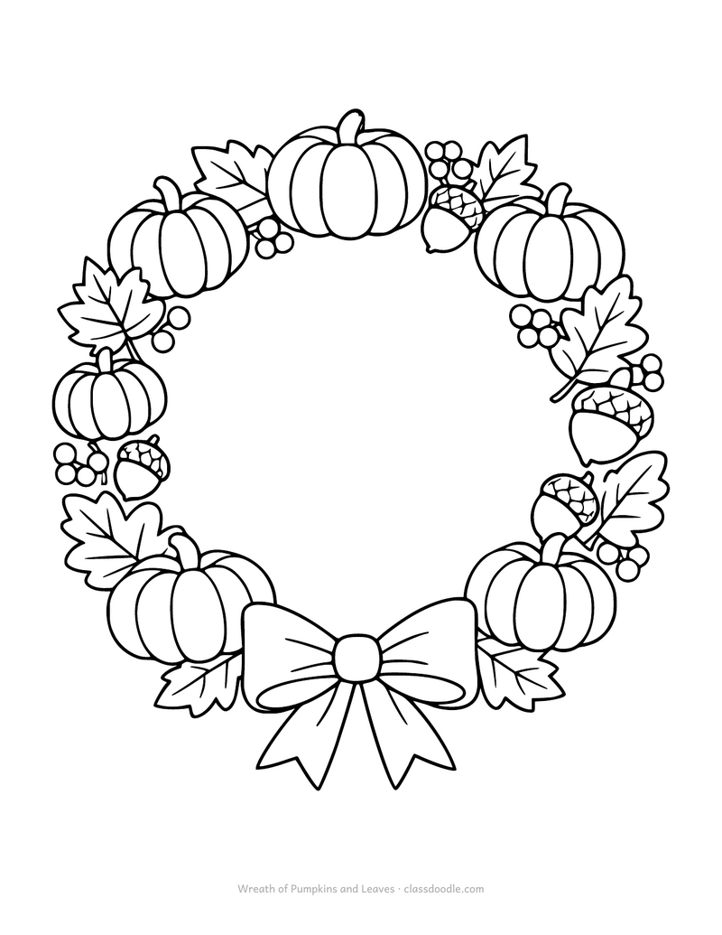 Pumpkin coloring page shaped as a wreath of pumpkins, leaves and acorns