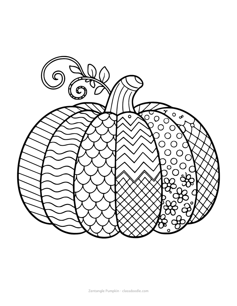 Zentangle pumpkin coloring page with a different pattern in every rib