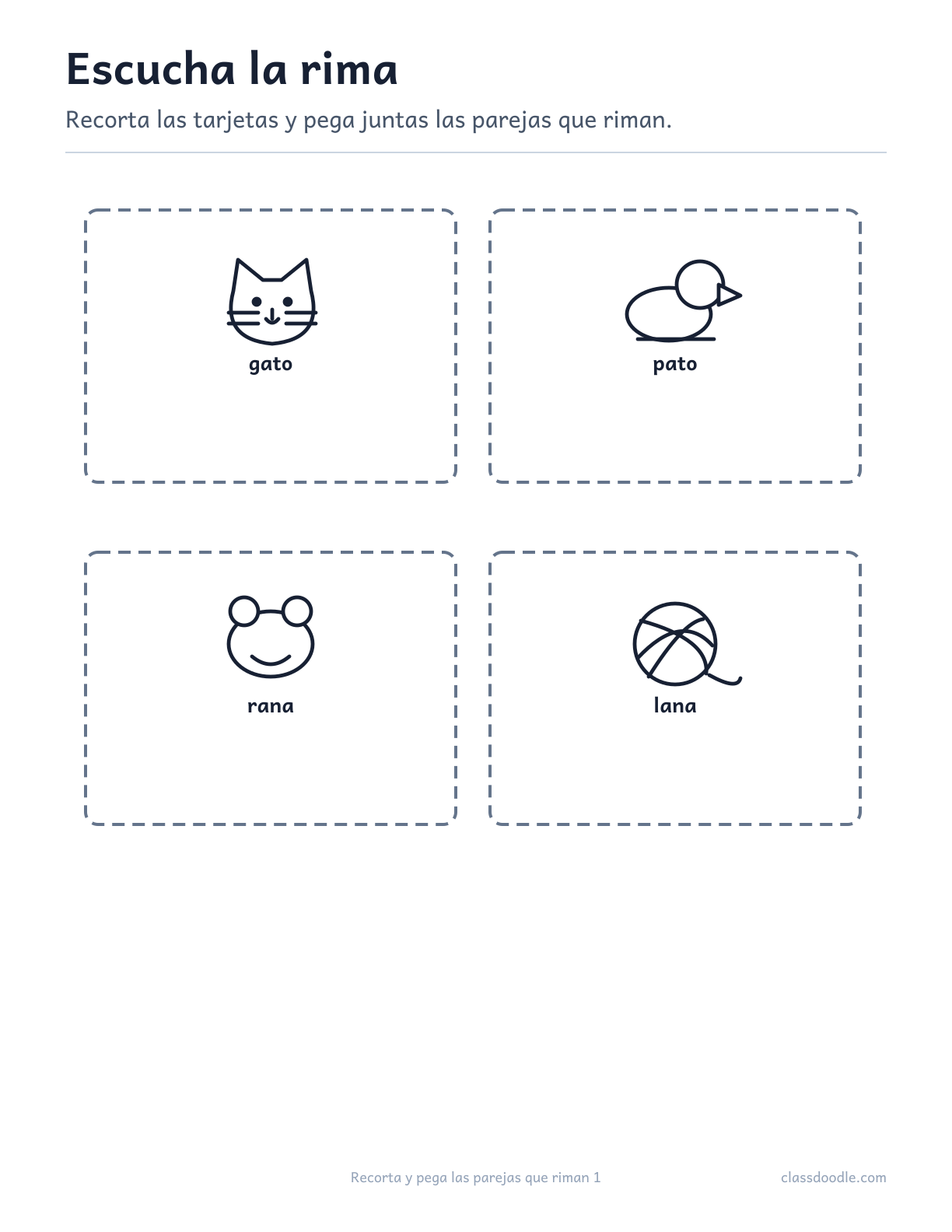 Ficha imprimible de Recorta y pega las parejas que riman con las parejas gato/pato y rana/lana
