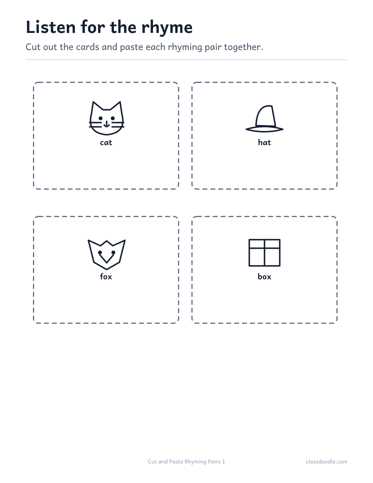 Cut and Paste Rhyming Pairs printable featuring the rhyming pairs cat/hat and fox/box