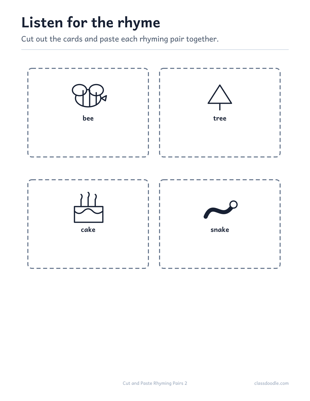 Cut and Paste Rhyming Pairs printable featuring the rhyming pairs bee/tree and cake/snake