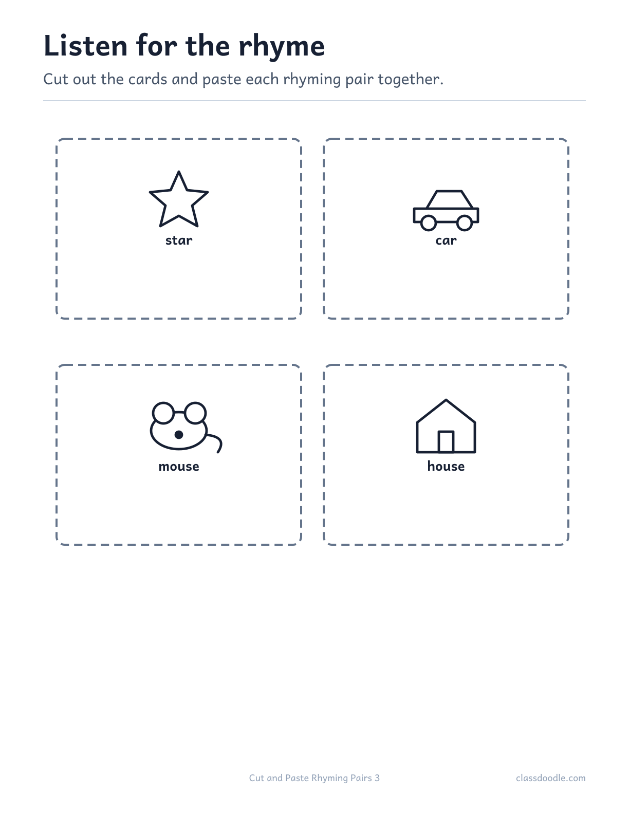 Cut and Paste Rhyming Pairs printable featuring the rhyming pairs star/car and mouse/house