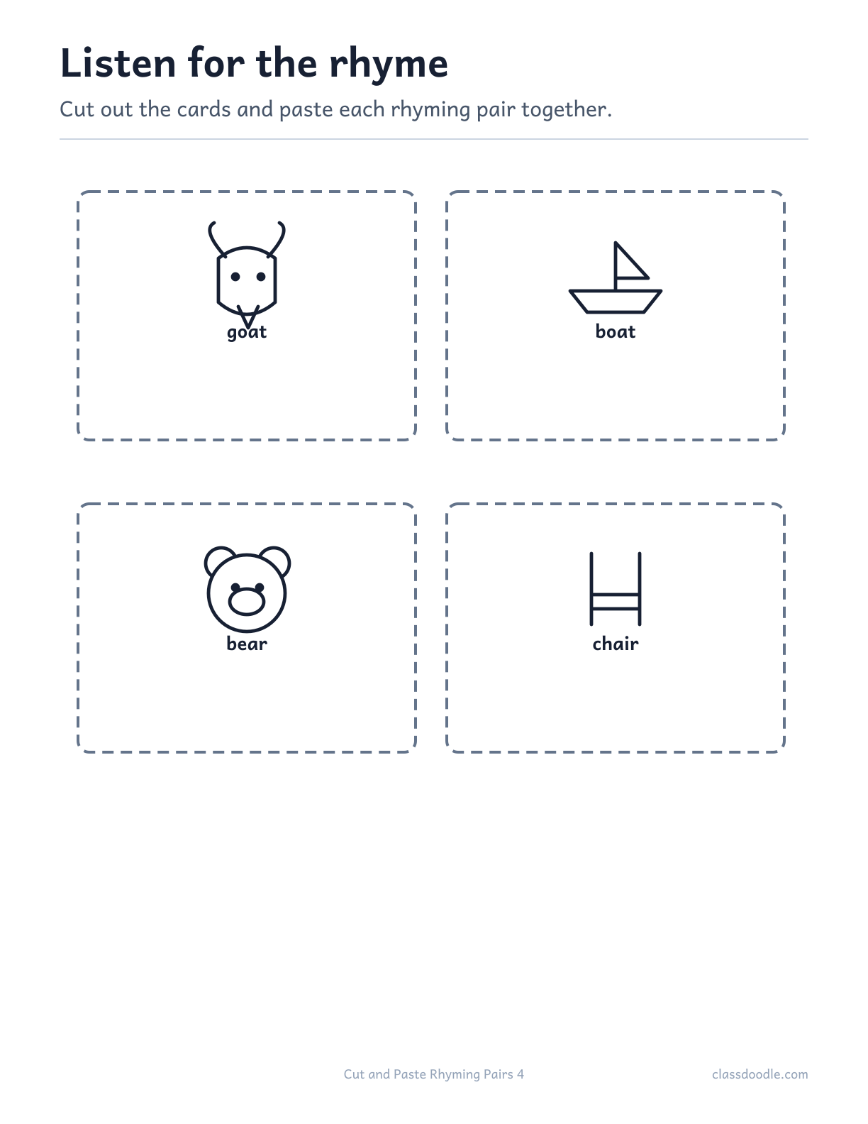Cut and Paste Rhyming Pairs printable featuring the rhyming pairs goat/boat and bear/chair
