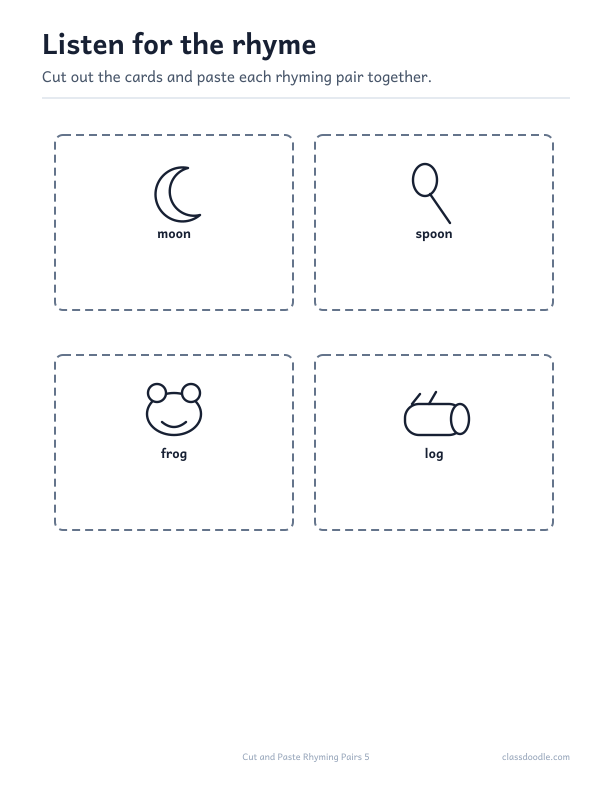 Cut and Paste Rhyming Pairs printable featuring the rhyming pairs moon/spoon and frog/log