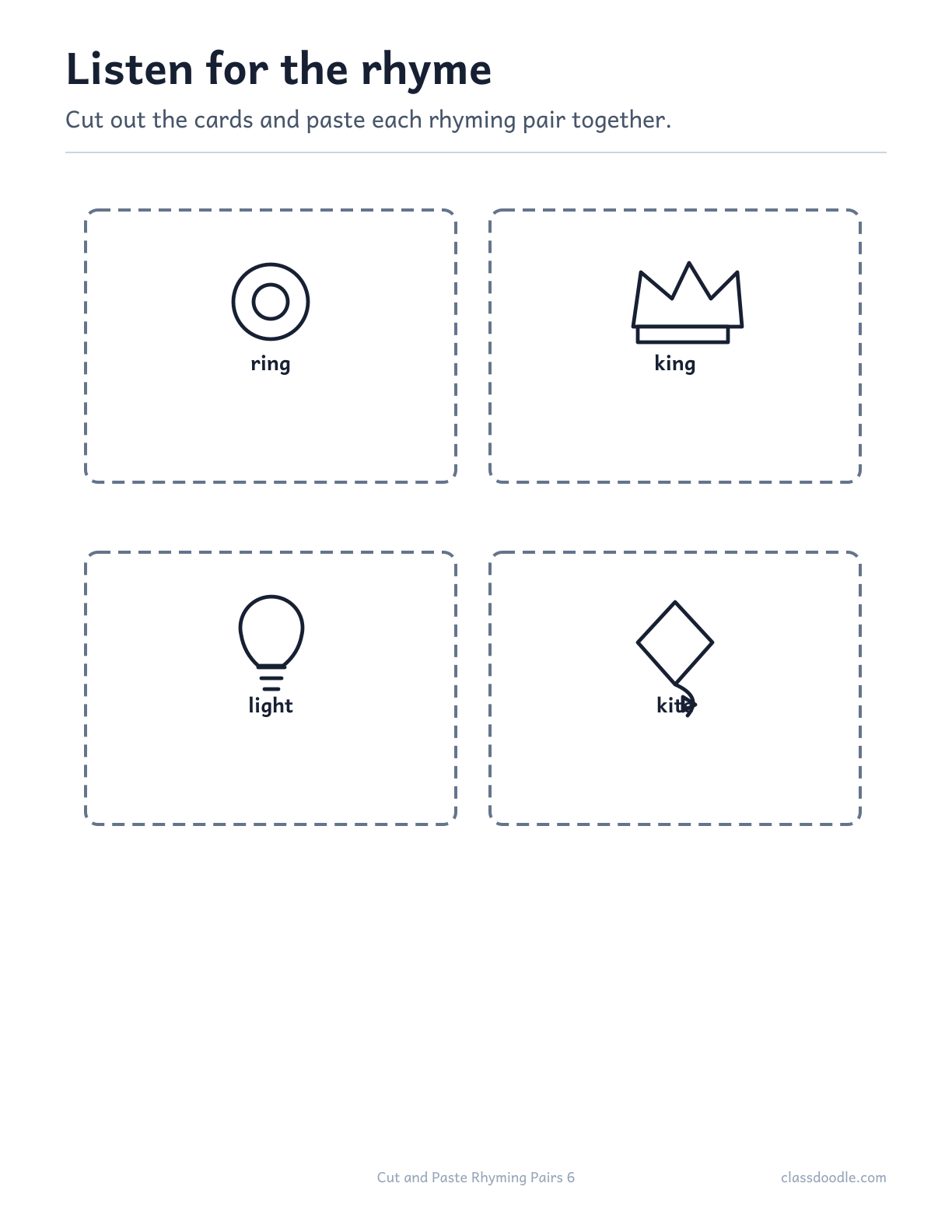 Cut and Paste Rhyming Pairs printable featuring the rhyming pairs ring/king and light/kite