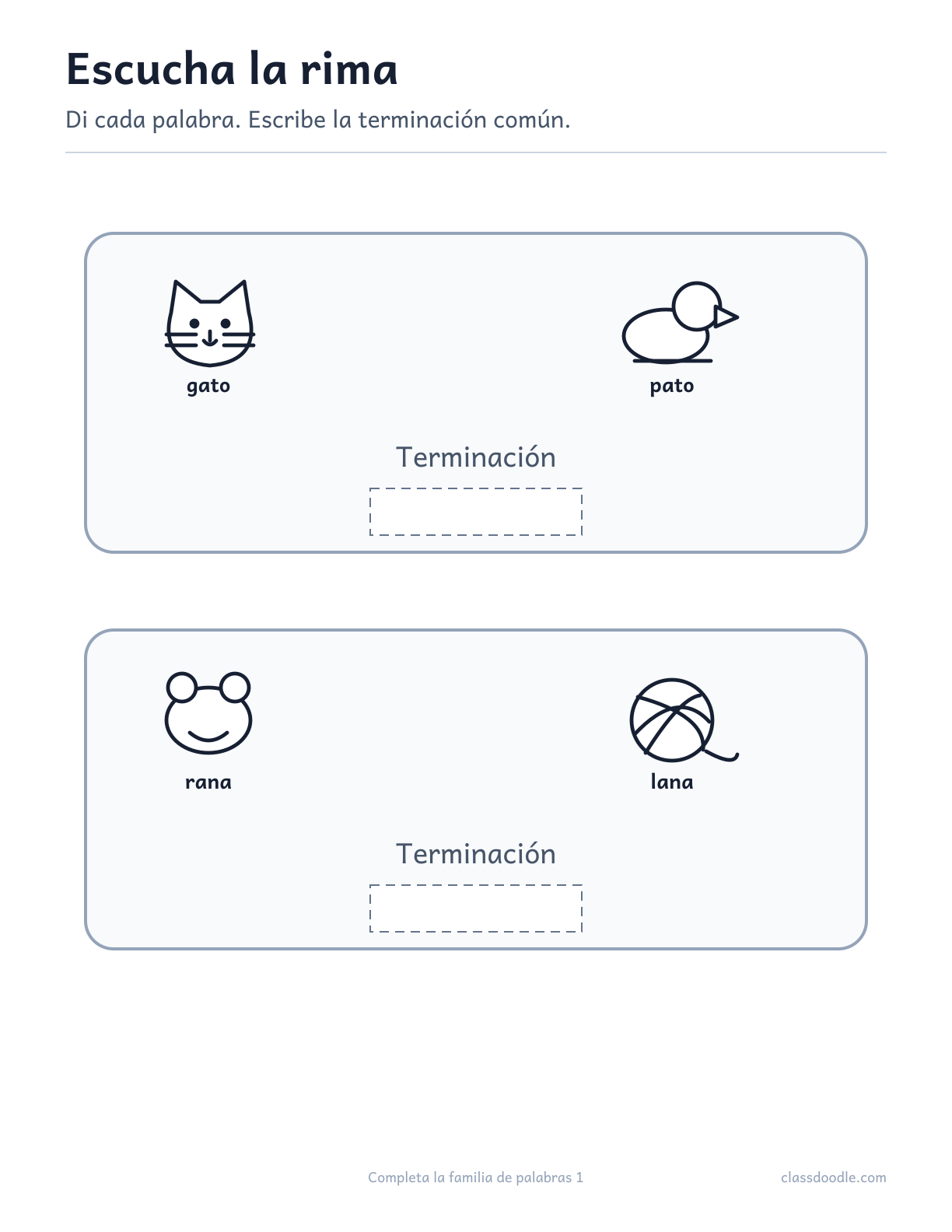 Ficha imprimible de Completa la familia de palabras con las parejas gato/pato y rana/lana