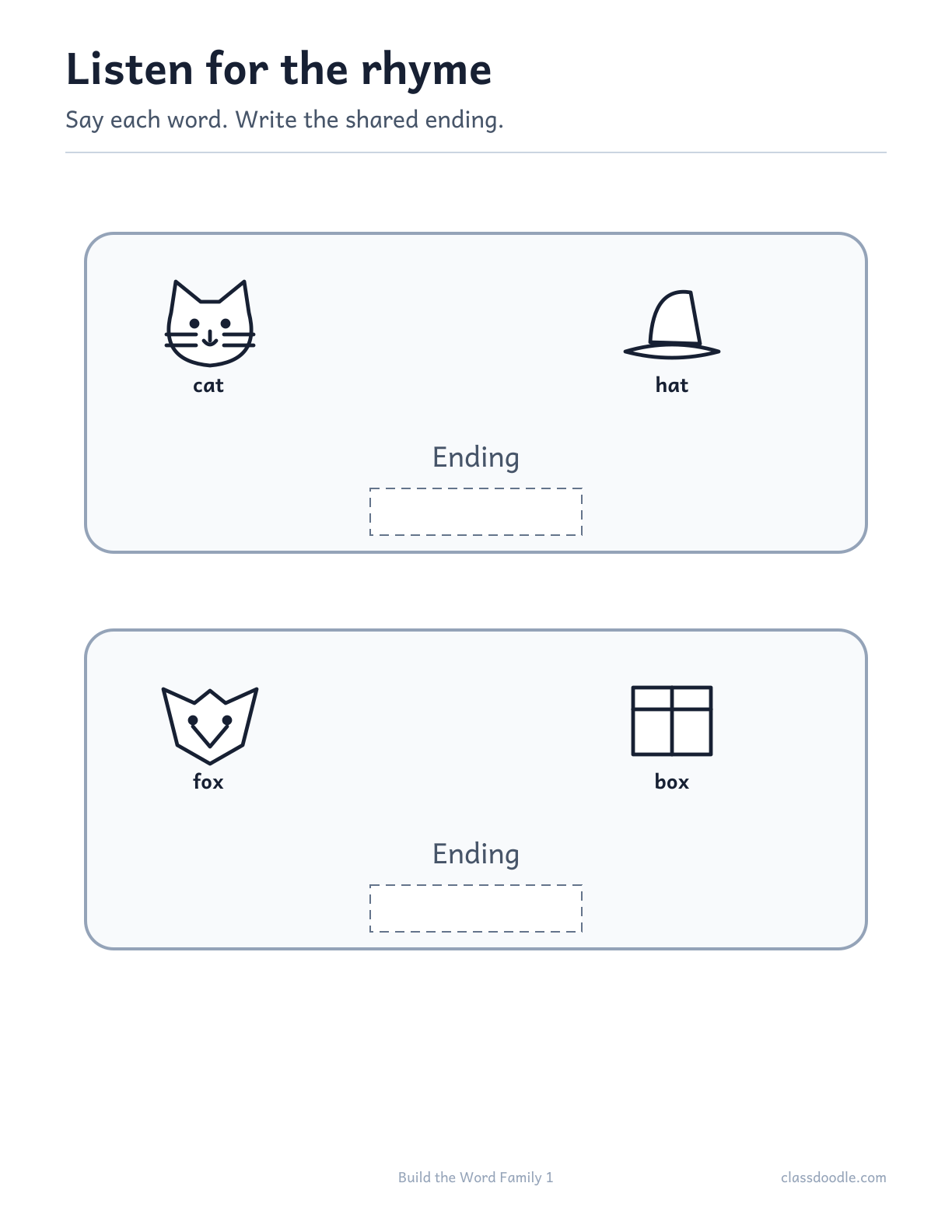 Build the Word Family printable featuring the rhyming pairs cat/hat and fox/box