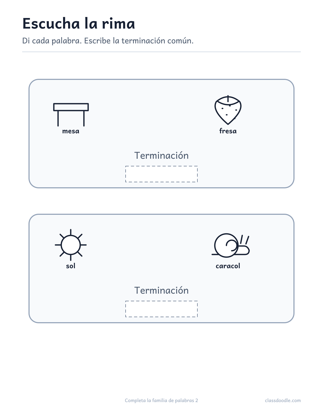 Ficha imprimible de Completa la familia de palabras con las parejas mesa/fresa y sol/caracol