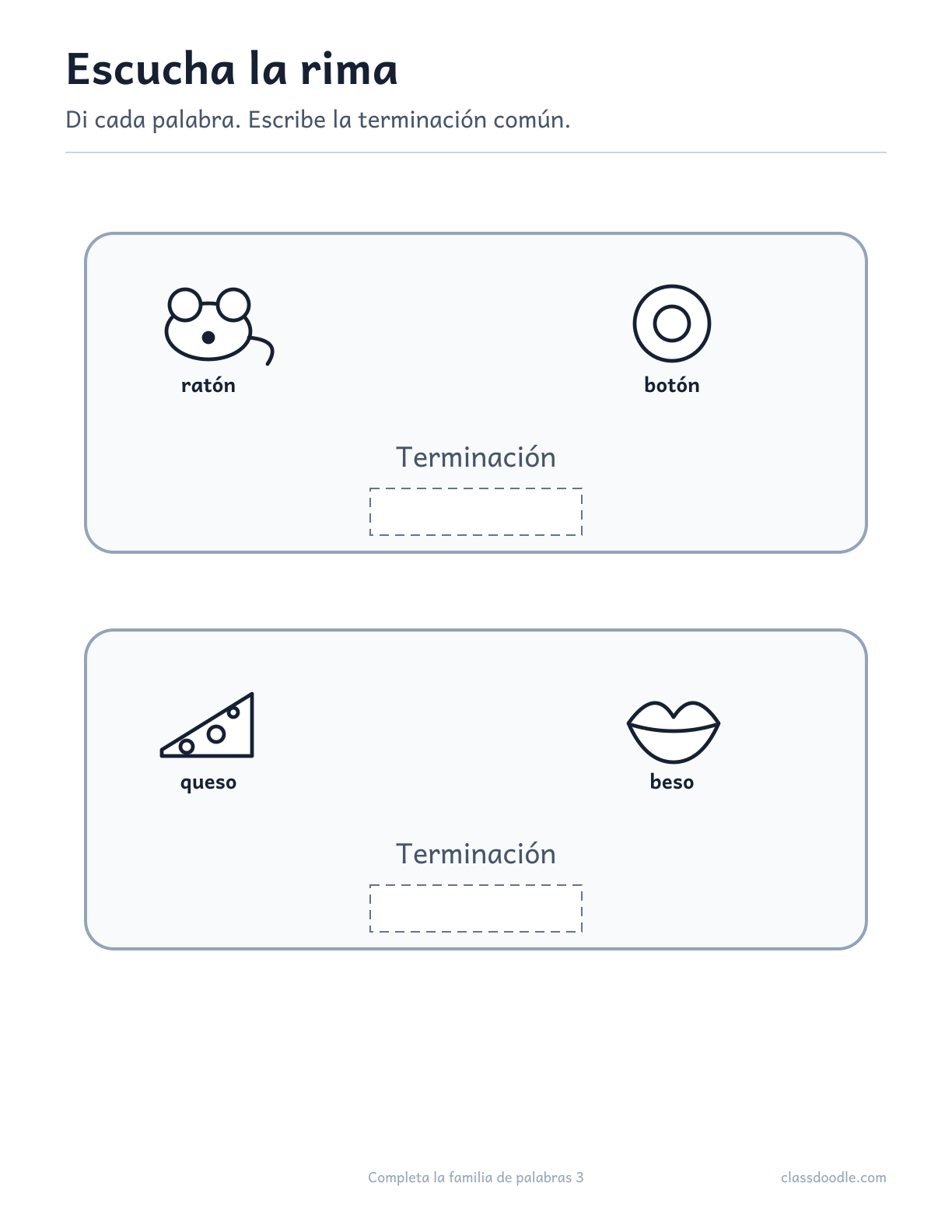 Ficha imprimible de Completa la familia de palabras con las parejas ratón/botón y queso/beso