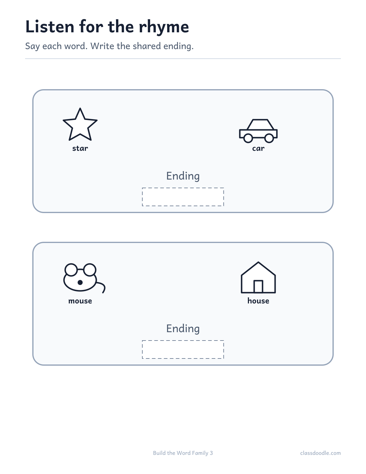 Build the Word Family printable featuring the rhyming pairs star/car and mouse/house