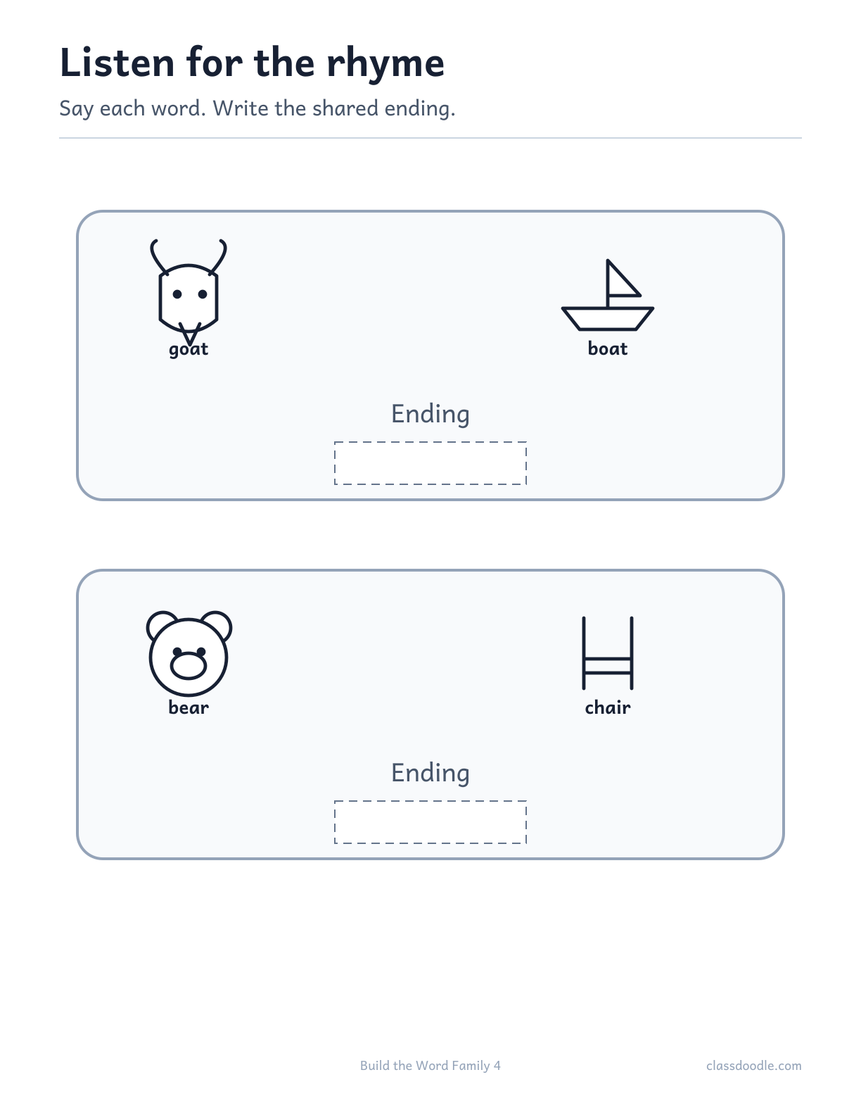 Build the Word Family printable featuring the rhyming pairs goat/boat and bear/chair