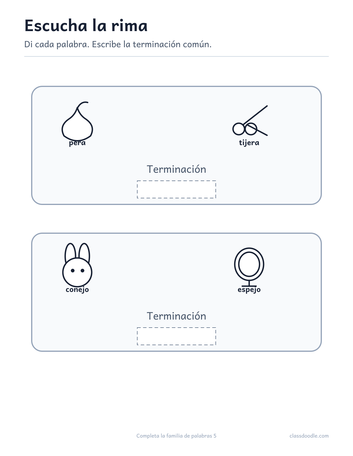 Ficha imprimible de Completa la familia de palabras con las parejas pera/tijera y conejo/espejo