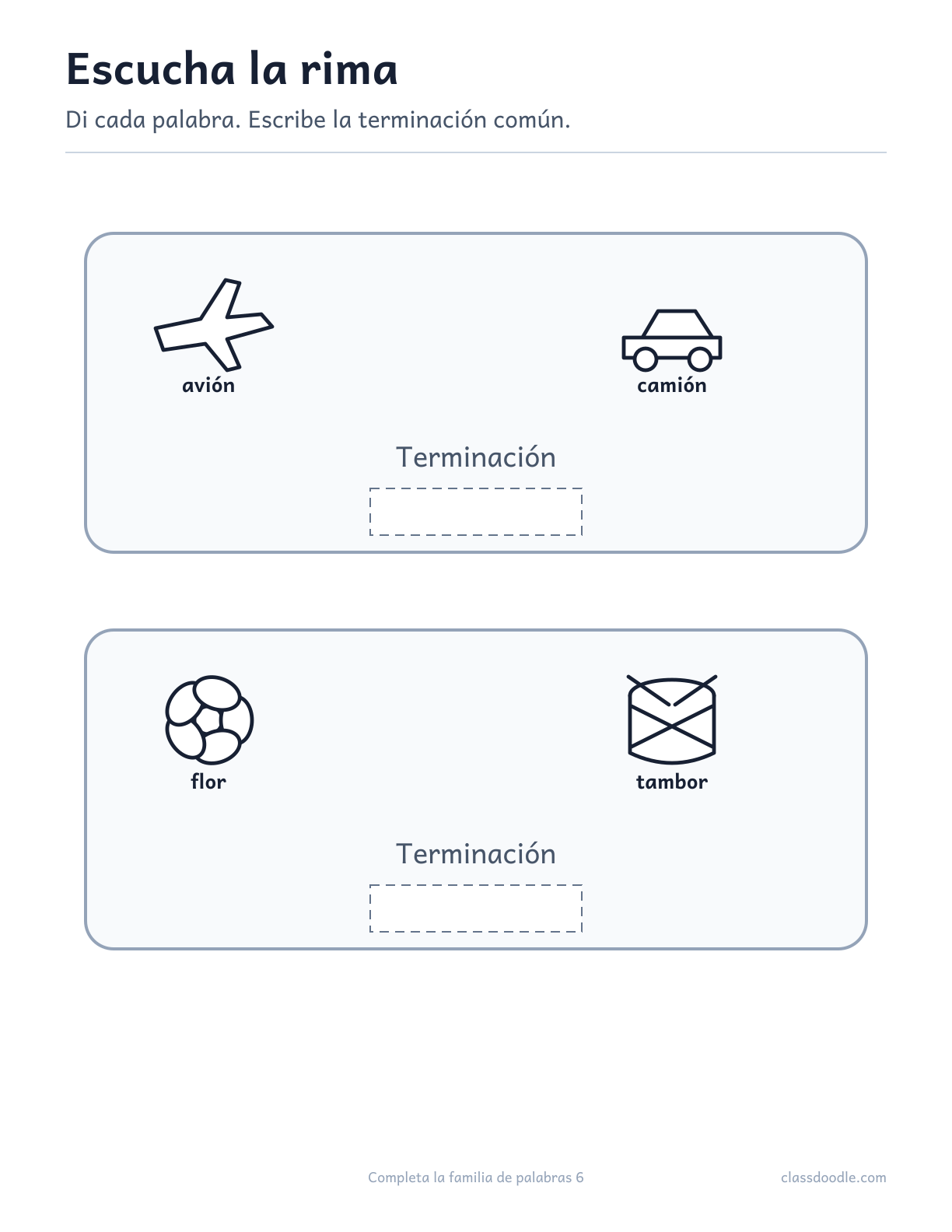 Ficha imprimible de Completa la familia de palabras con las parejas avión/camión y flor/tambor