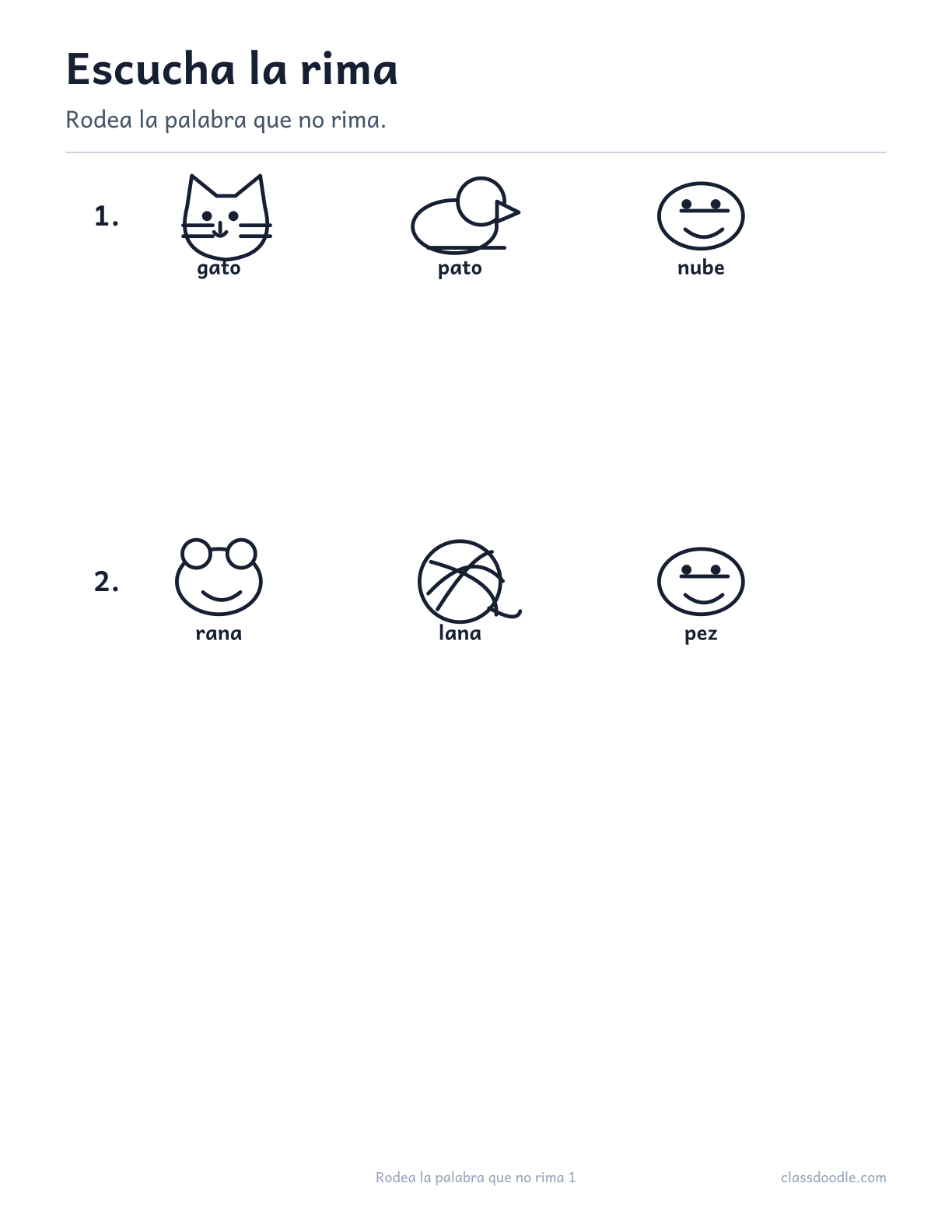 Ficha imprimible de Rodea la palabra que no rima con las parejas gato/pato y rana/lana