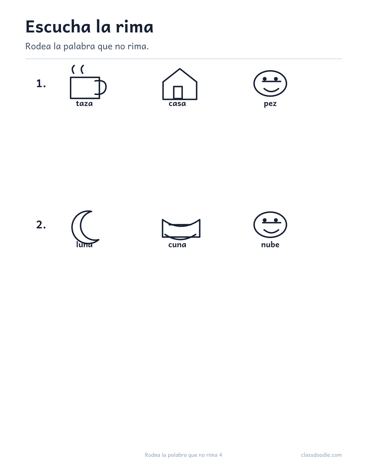 Ficha imprimible de Rodea la palabra que no rima con las parejas taza/casa y luna/cuna