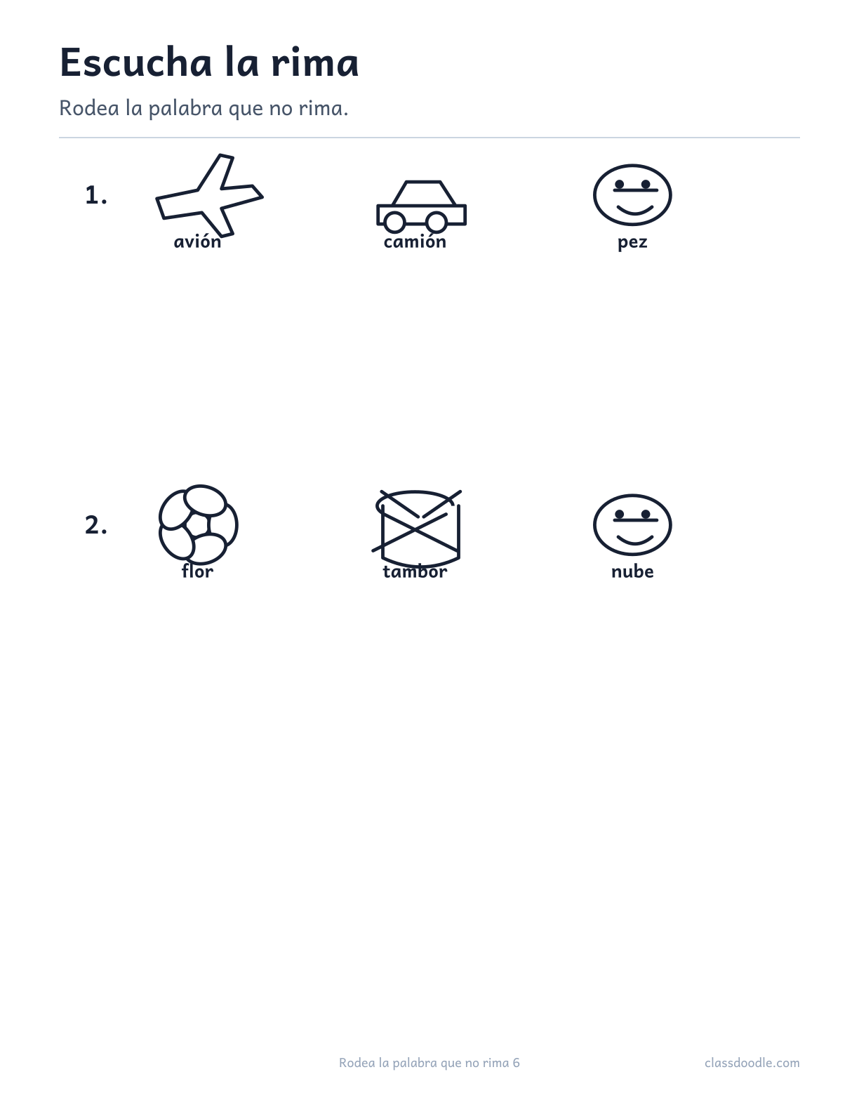 Ficha imprimible de Rodea la palabra que no rima con las parejas avión/camión y flor/tambor