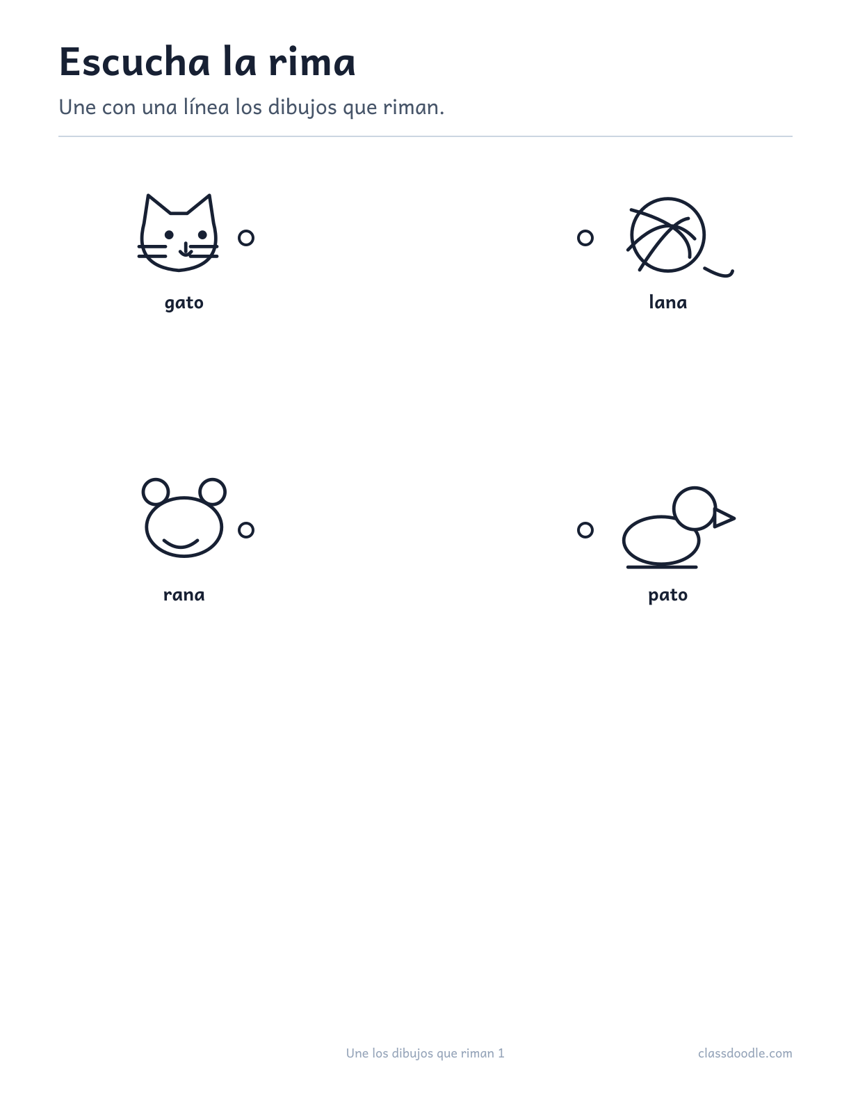 Ficha imprimible de Une los dibujos que riman con las parejas gato/pato y rana/lana