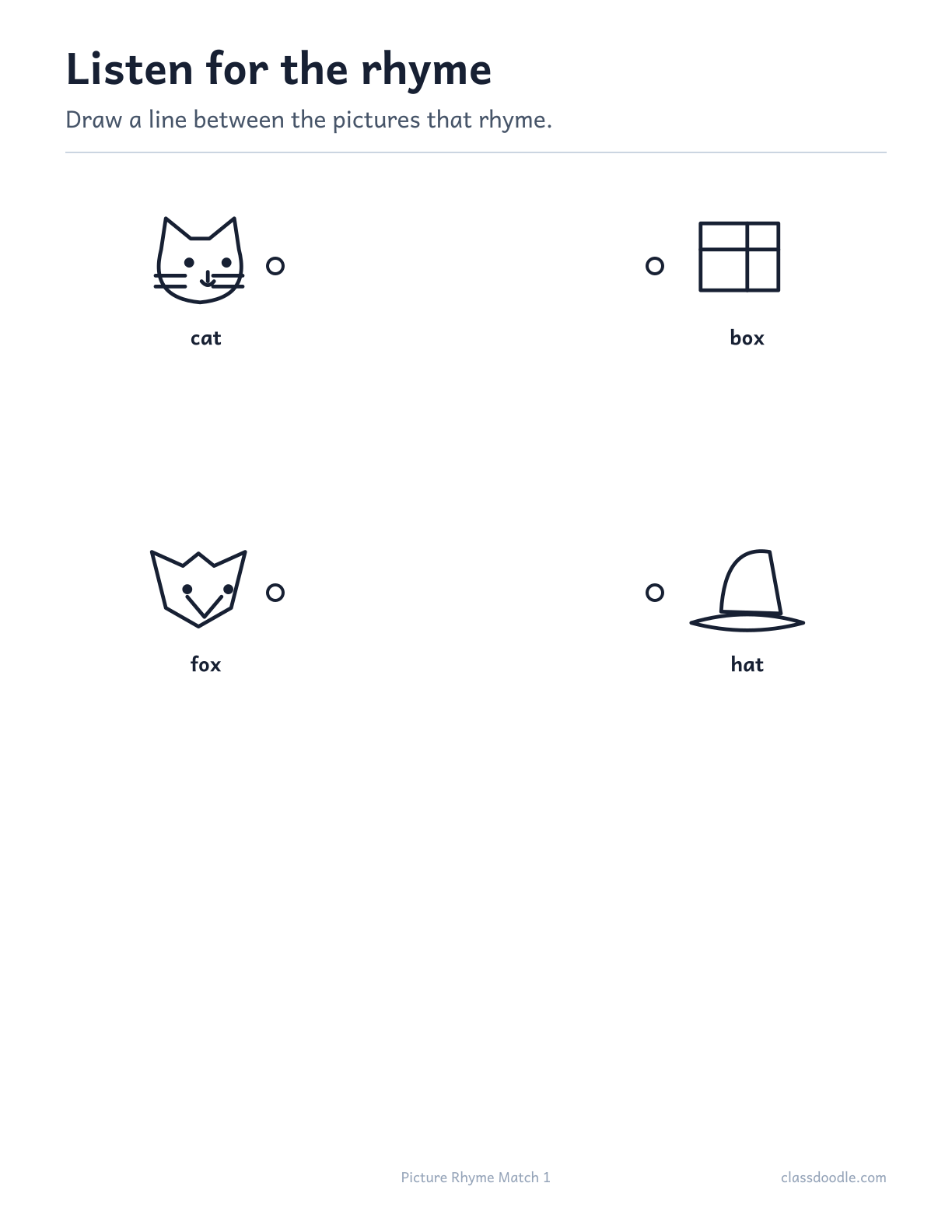 Picture Rhyme Match printable featuring the rhyming pairs cat/hat and fox/box