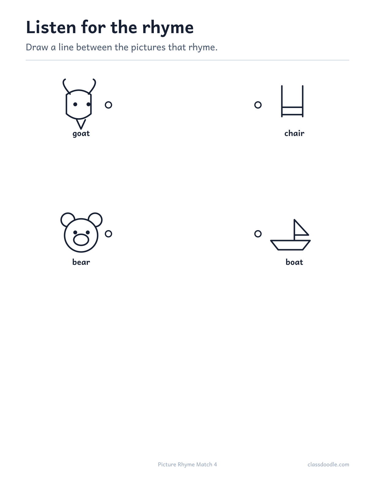Picture Rhyme Match printable featuring the rhyming pairs goat/boat and bear/chair