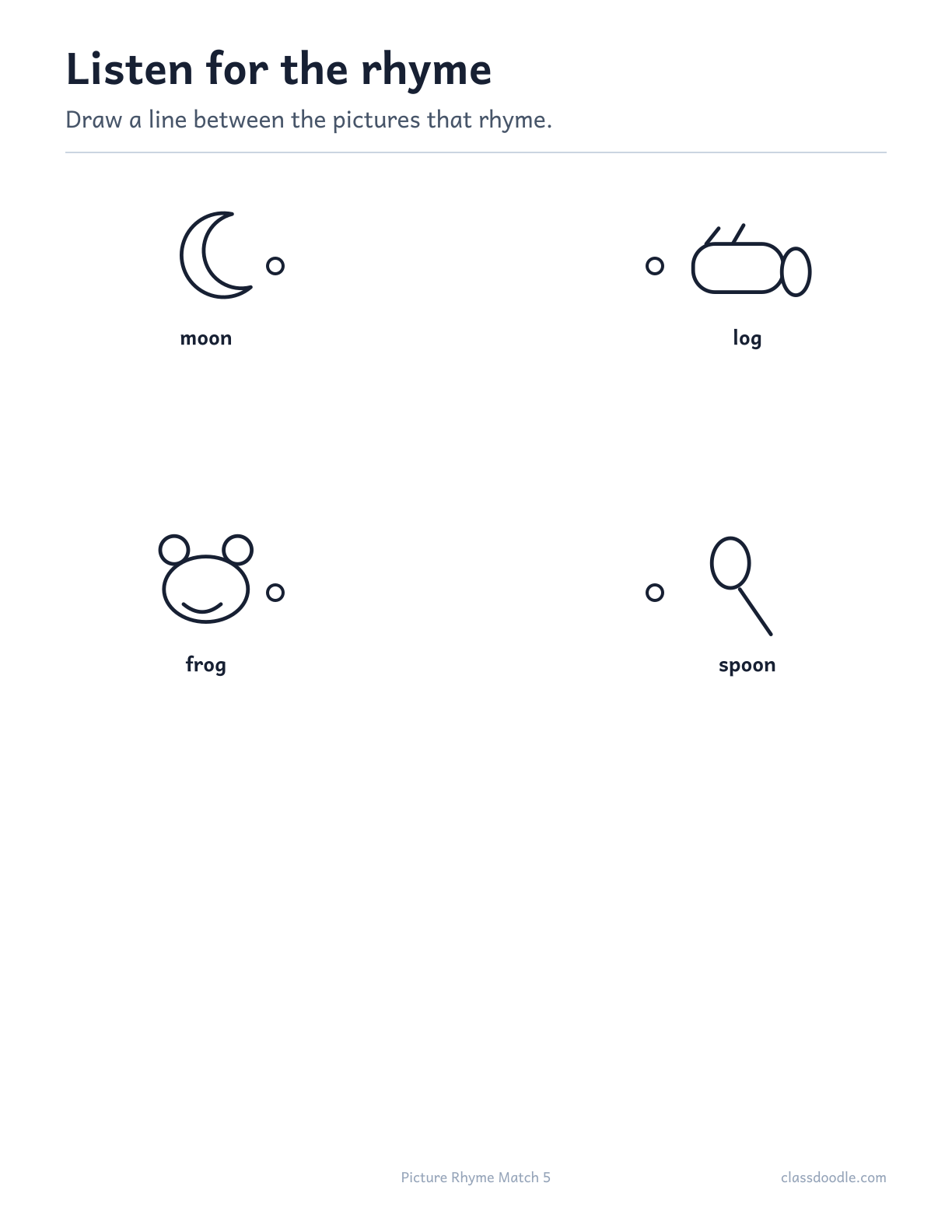 Picture Rhyme Match printable featuring the rhyming pairs moon/spoon and frog/log