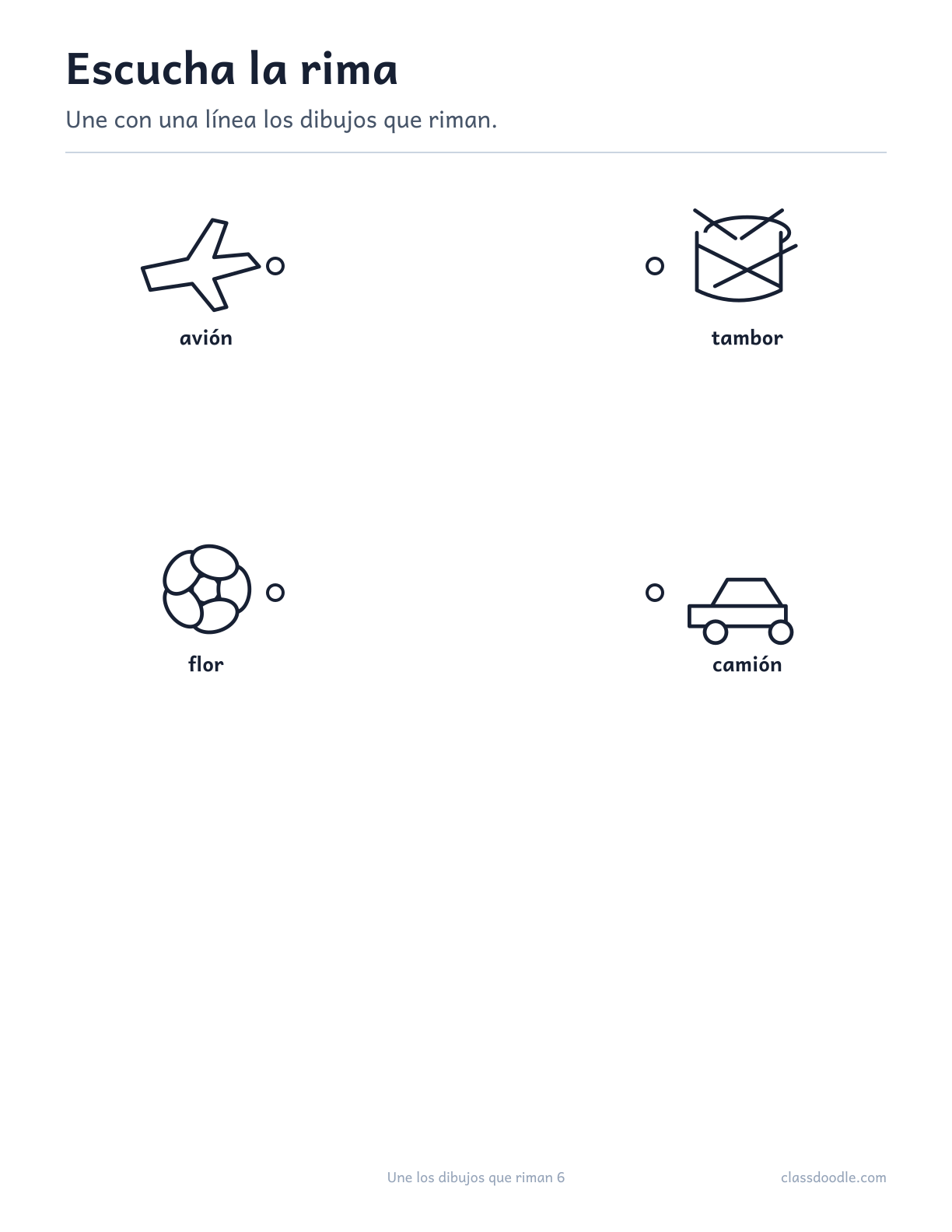 Ficha imprimible de Une los dibujos que riman con las parejas avión/camión y flor/tambor
