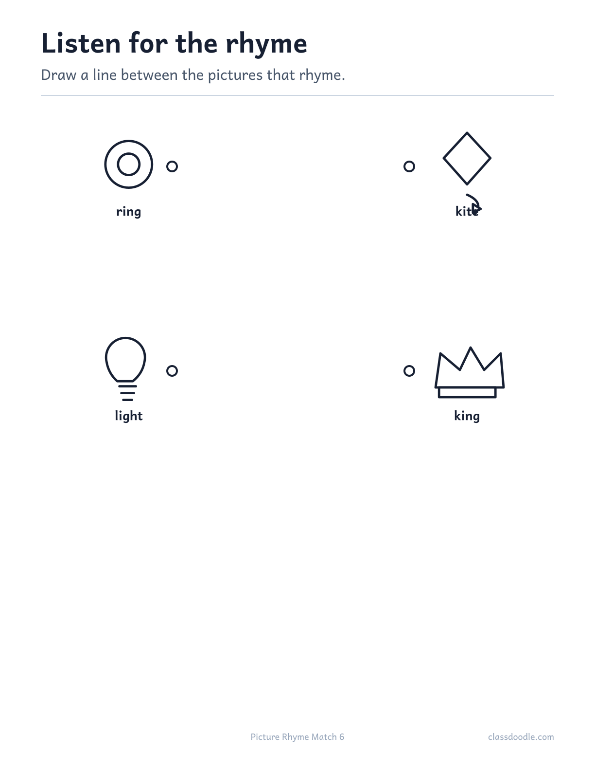 Picture Rhyme Match printable featuring the rhyming pairs ring/king and light/kite