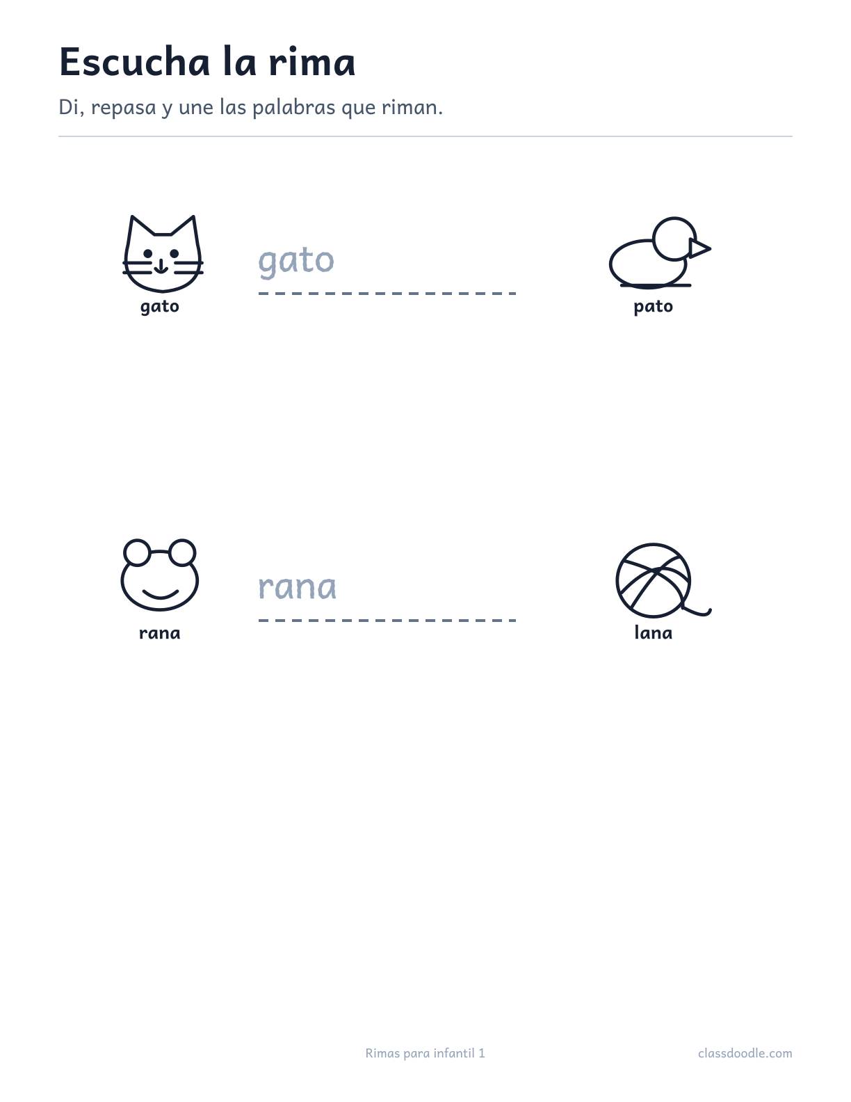 Ficha imprimible de Rimas para infantil con las parejas gato/pato y rana/lana