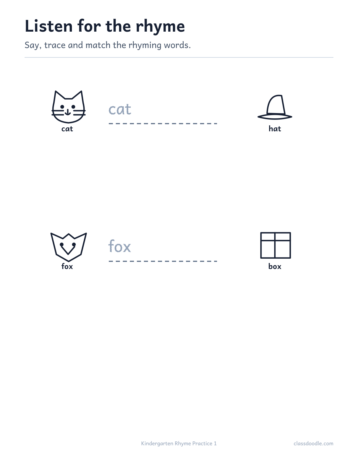 Kindergarten Rhyme Practice printable featuring the rhyming pairs cat/hat and fox/box