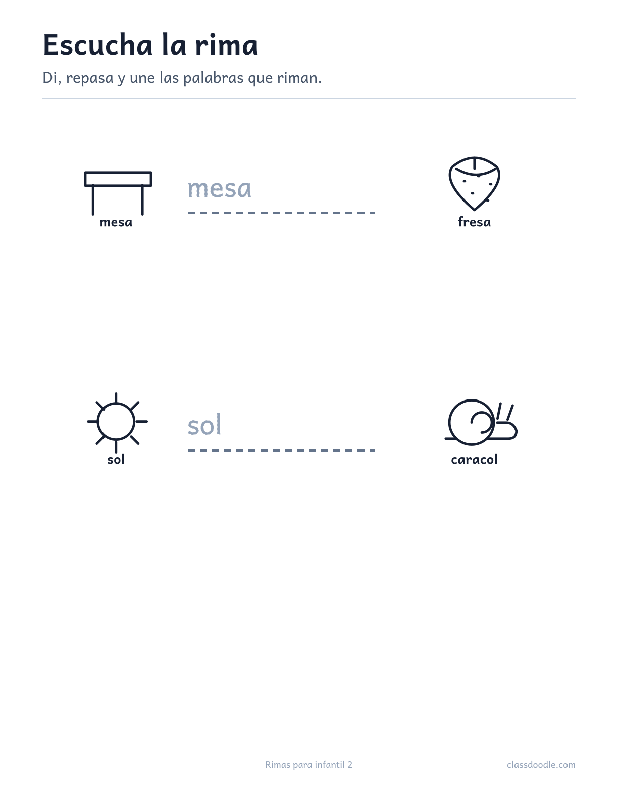 Ficha imprimible de Rimas para infantil con las parejas mesa/fresa y sol/caracol