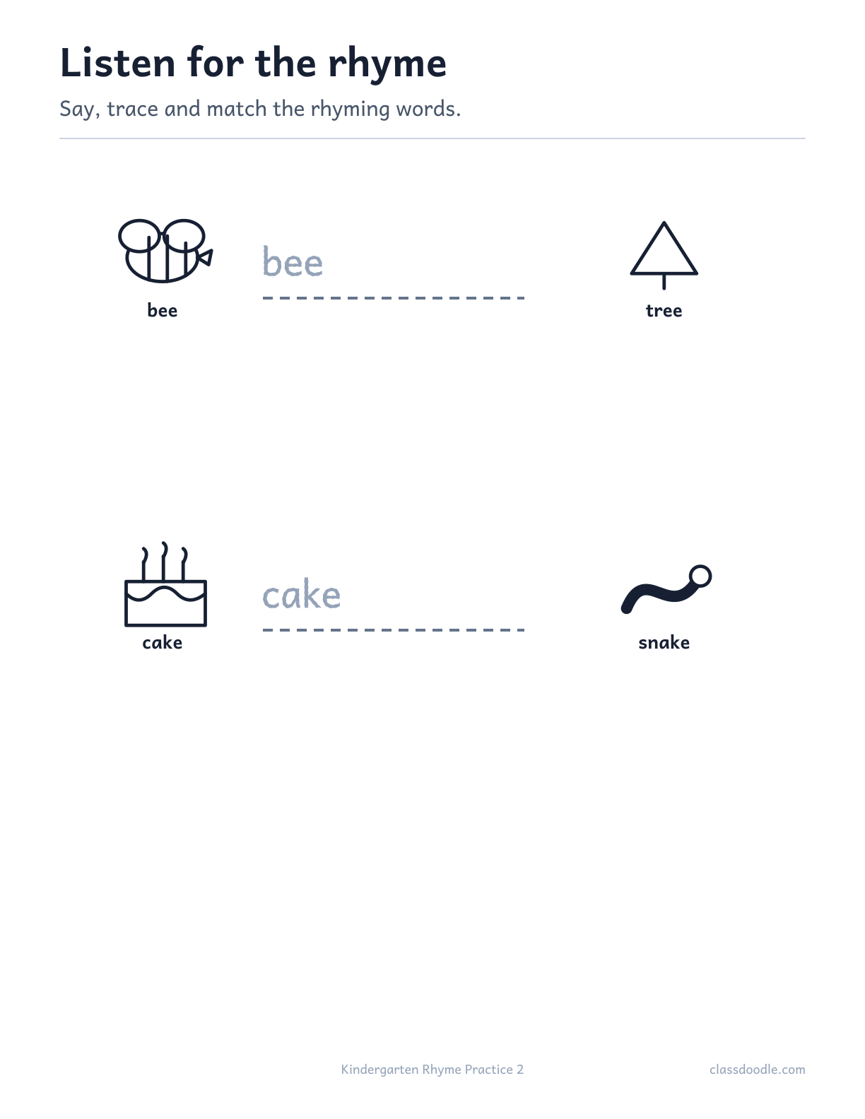 Kindergarten Rhyme Practice printable featuring the rhyming pairs bee/tree and cake/snake