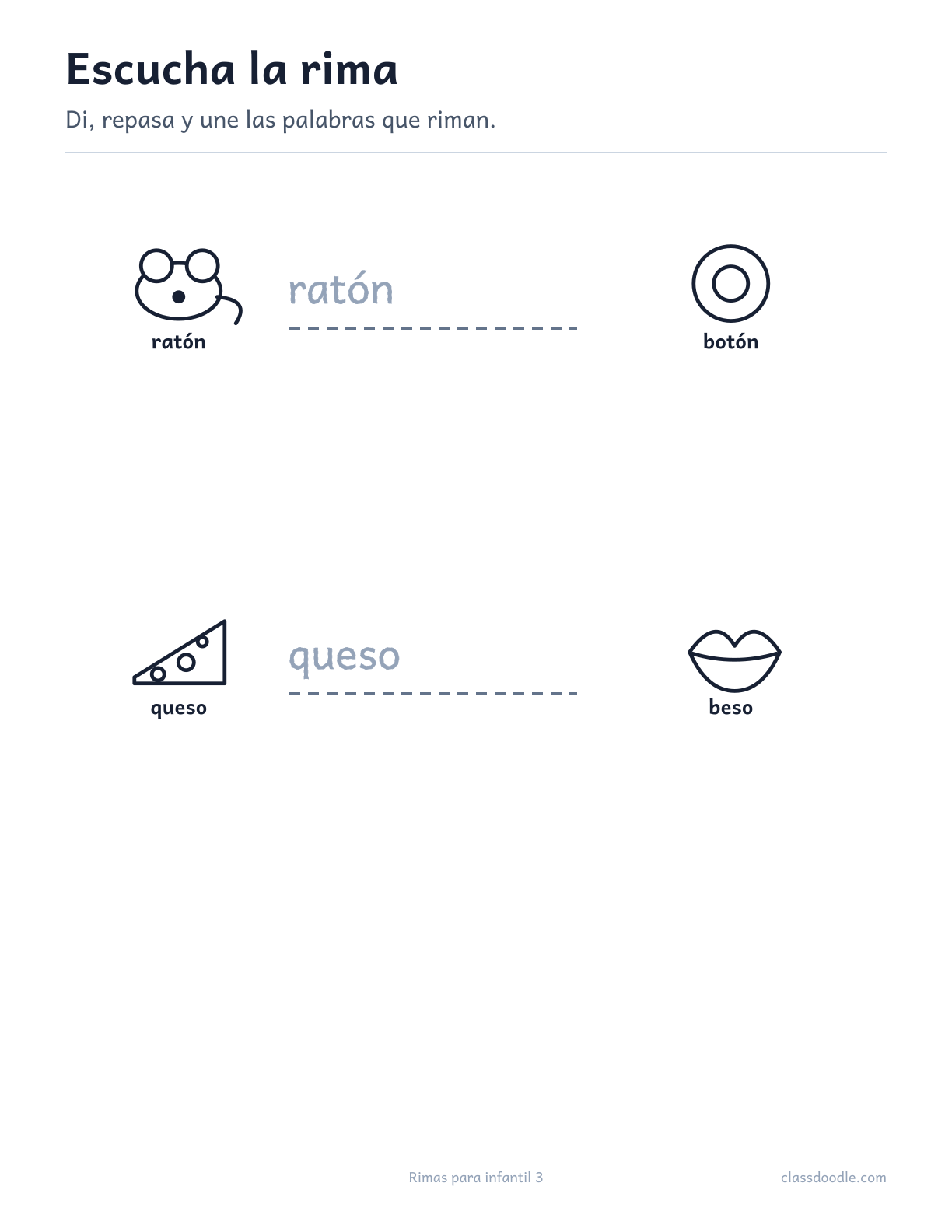 Ficha imprimible de Rimas para infantil con las parejas ratón/botón y queso/beso