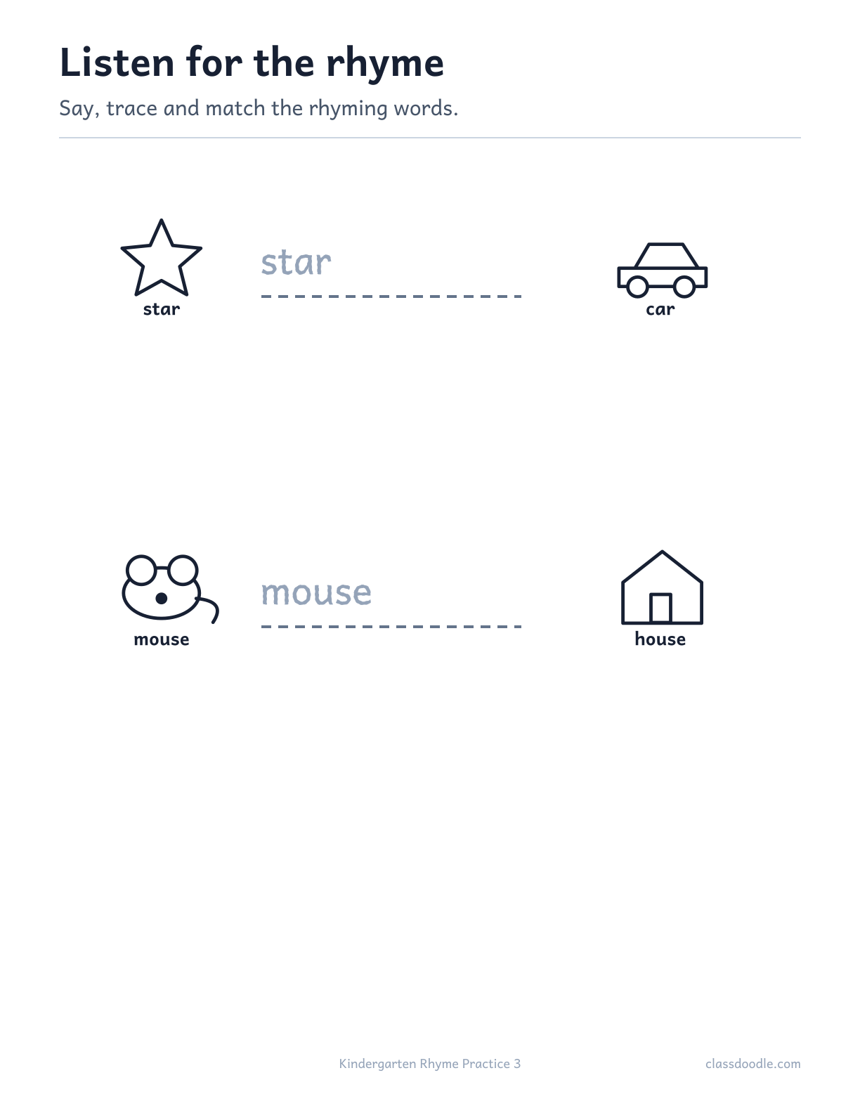 Kindergarten Rhyme Practice printable featuring the rhyming pairs star/car and mouse/house