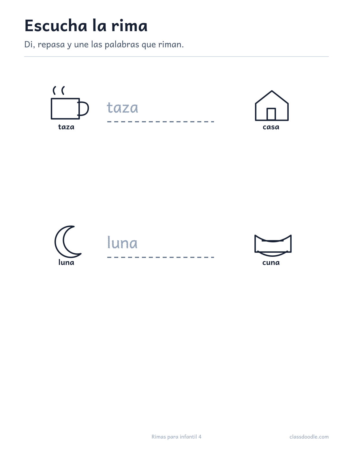 Ficha imprimible de Rimas para infantil con las parejas taza/casa y luna/cuna