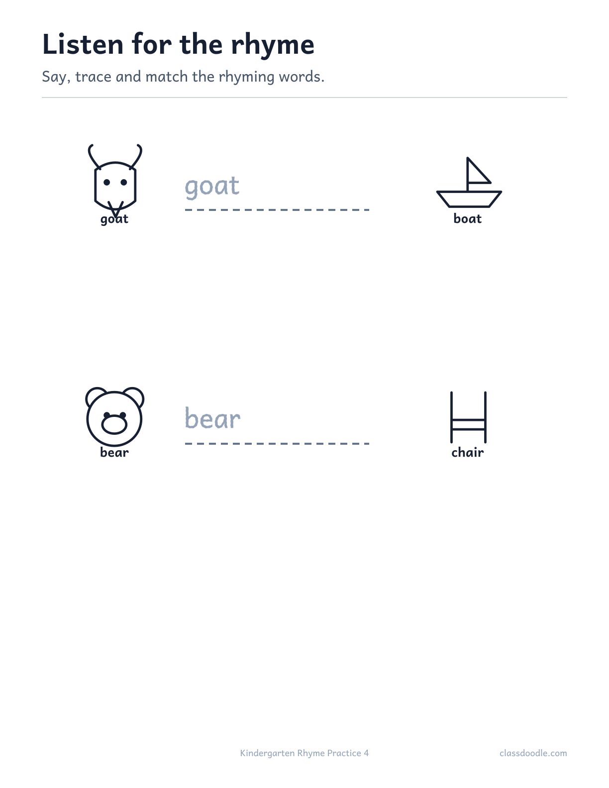 Kindergarten Rhyme Practice printable featuring the rhyming pairs goat/boat and bear/chair