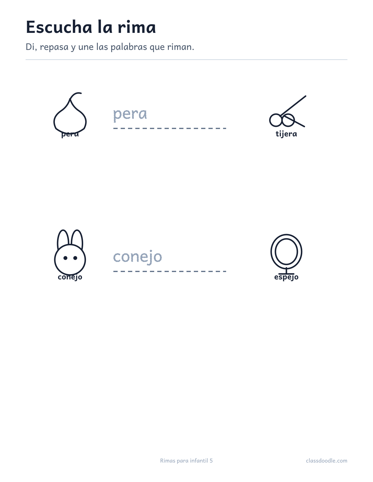 Ficha imprimible de Rimas para infantil con las parejas pera/tijera y conejo/espejo