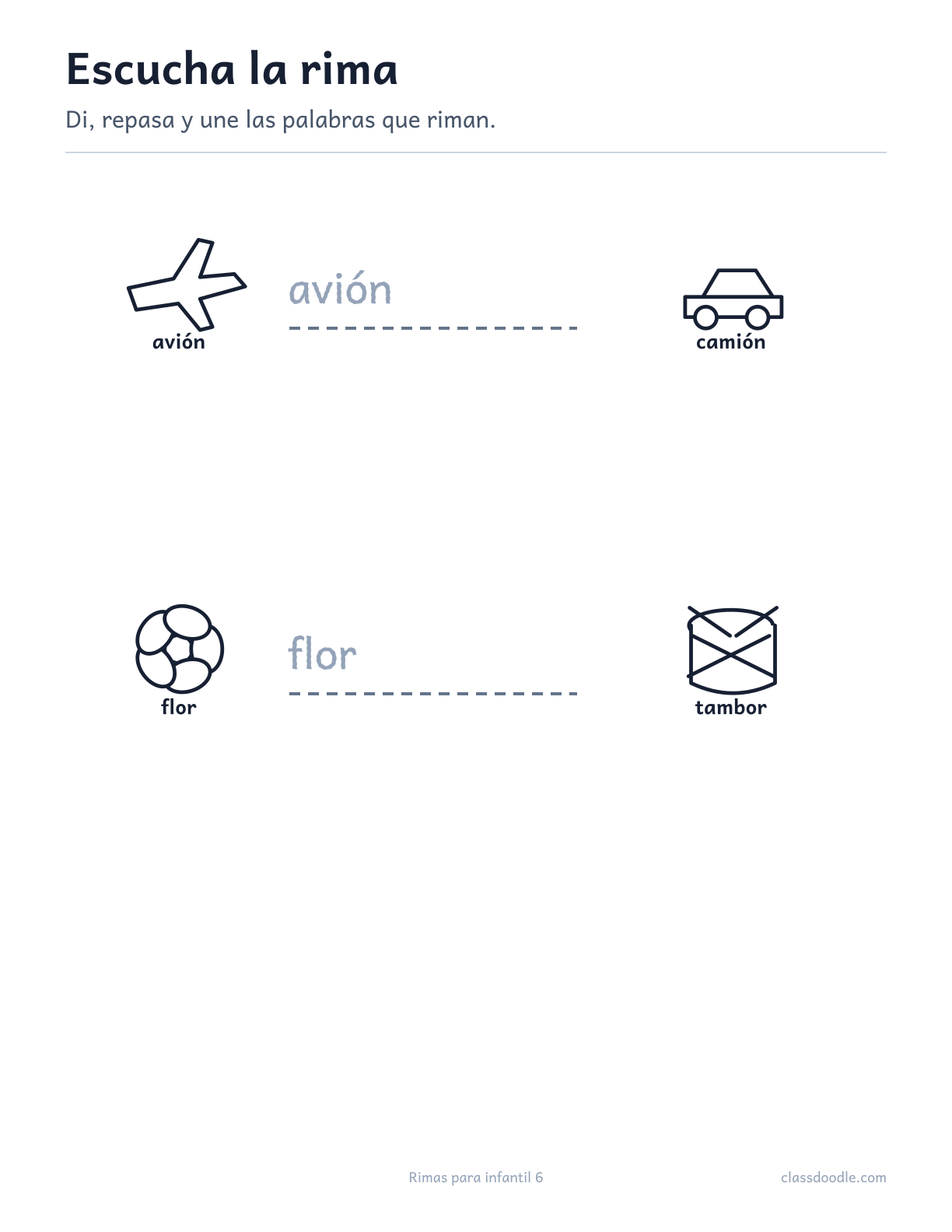 Ficha imprimible de Rimas para infantil con las parejas avión/camión y flor/tambor