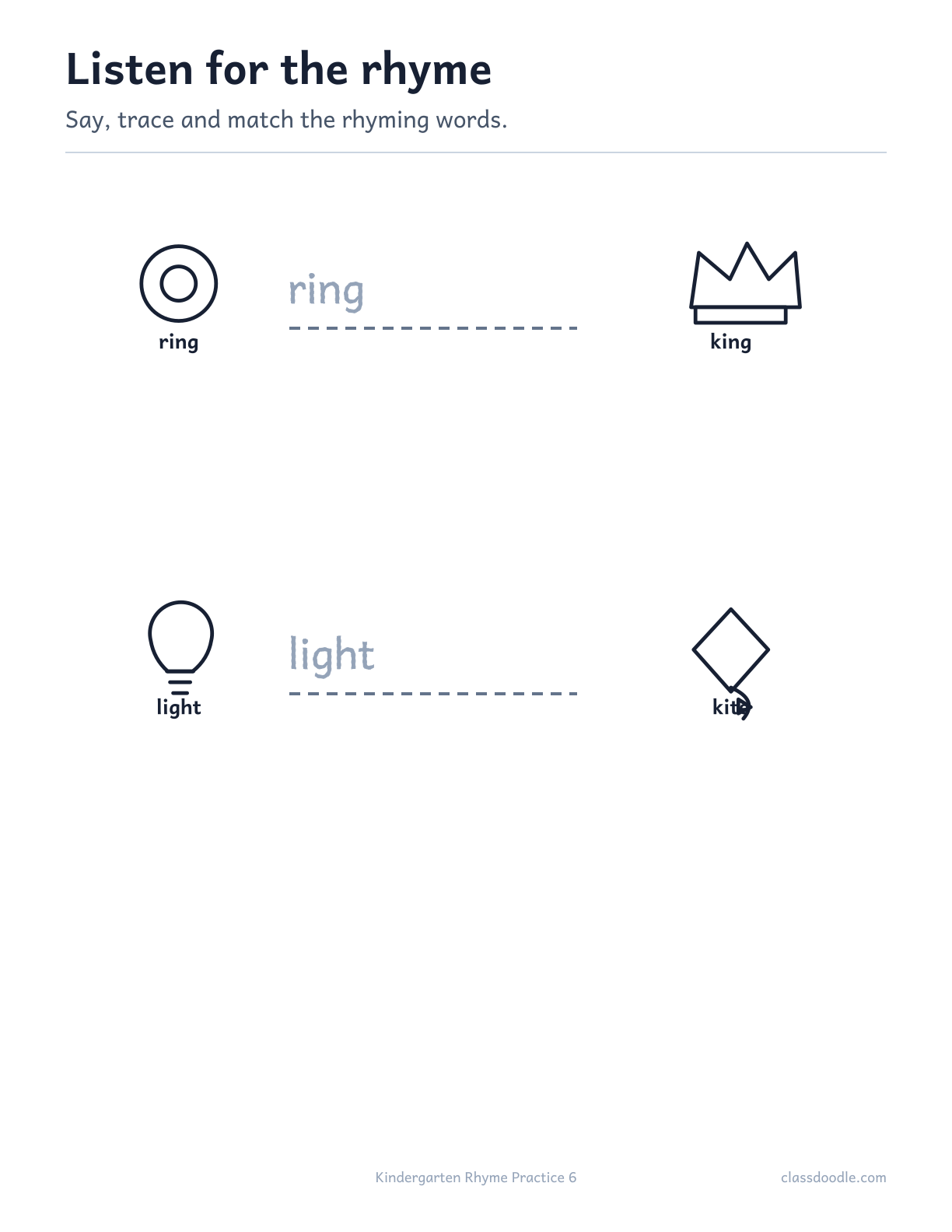 Kindergarten Rhyme Practice printable featuring the rhyming pairs ring/king and light/kite