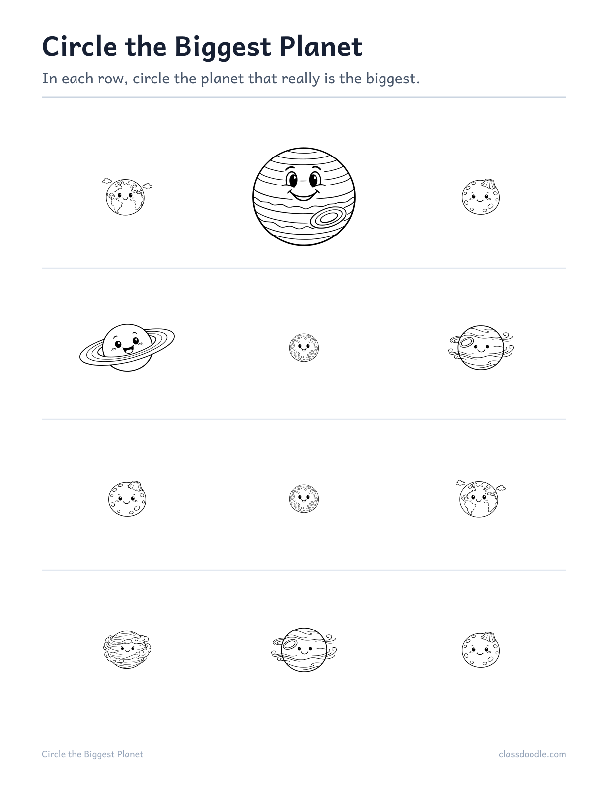 circle the biggest planet worksheet for preschool size comparison