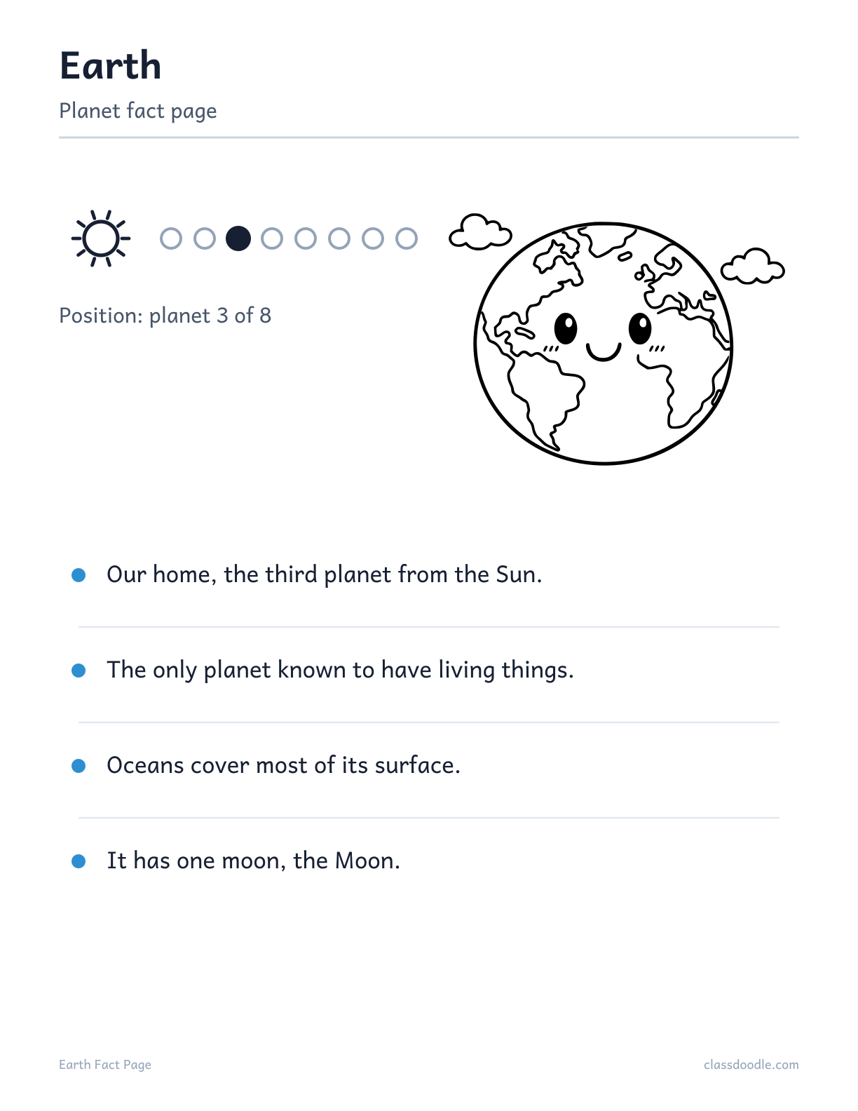 Earth fact page for kids from the solar system worksheets