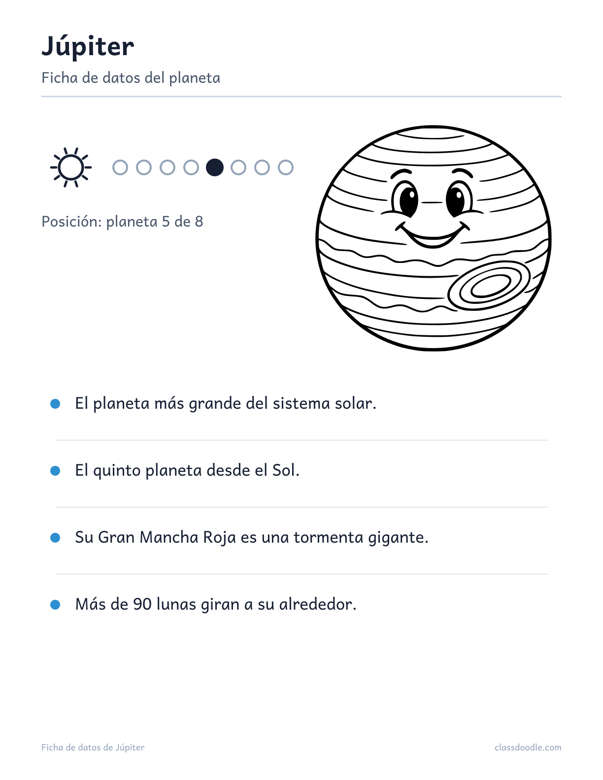 ficha de datos de Júpiter para niños, sistema solar