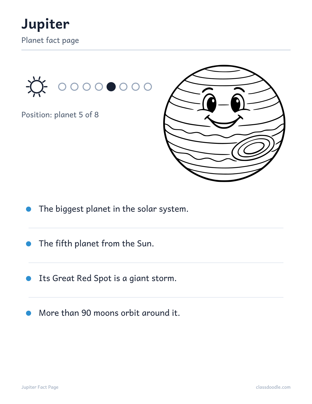 Jupiter fact page for kids from the solar system worksheets