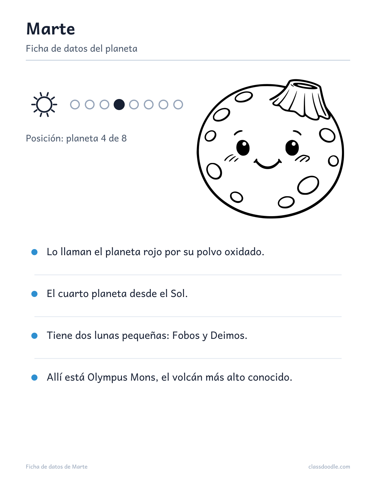 ficha de datos de Marte para niños, sistema solar