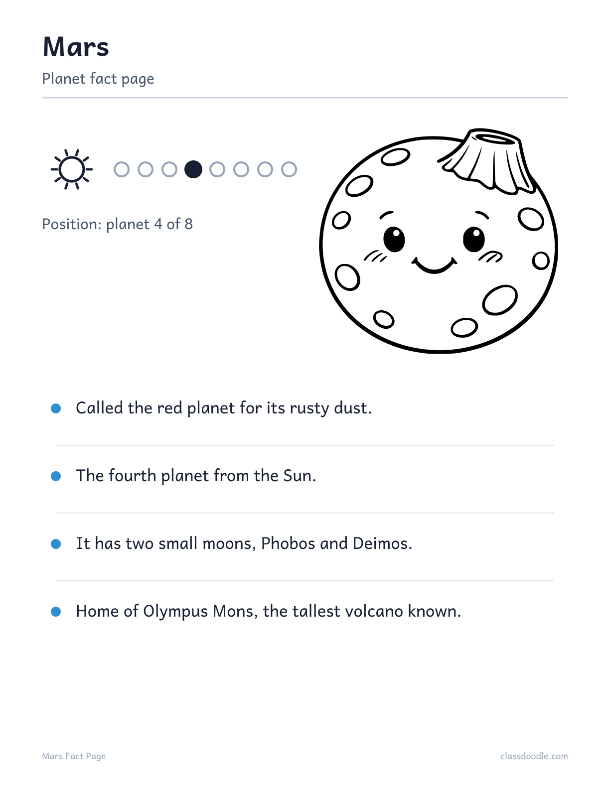 Mars fact page for kids from the solar system worksheets